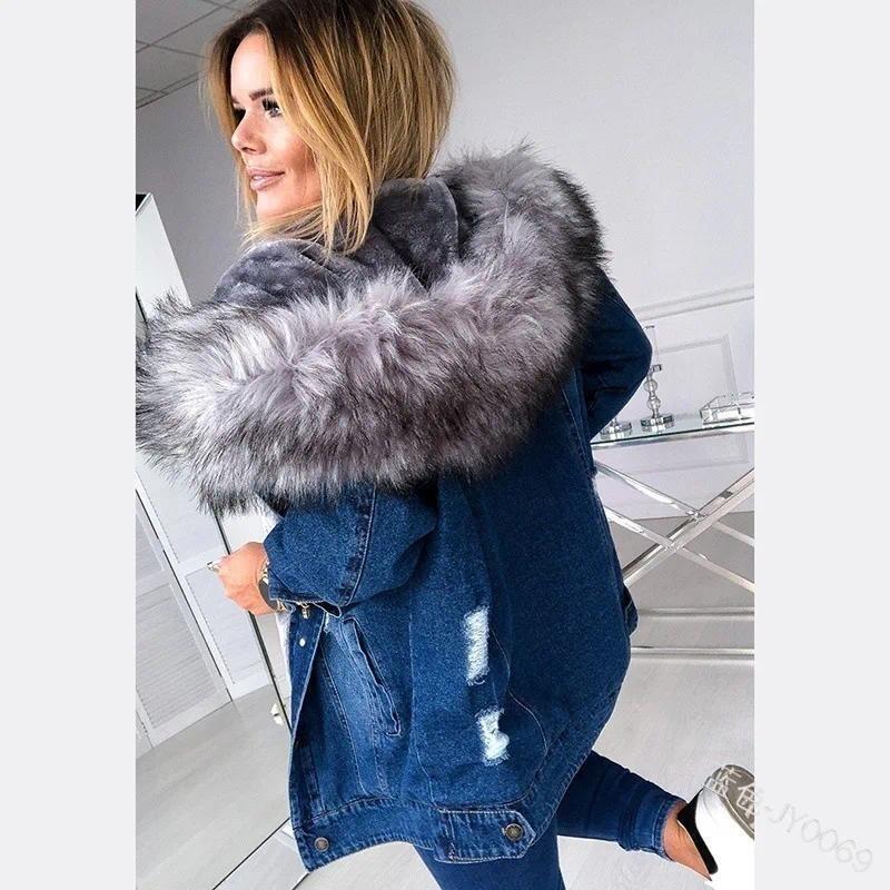 Women's Hooded Denim Jacket with Warm Lining